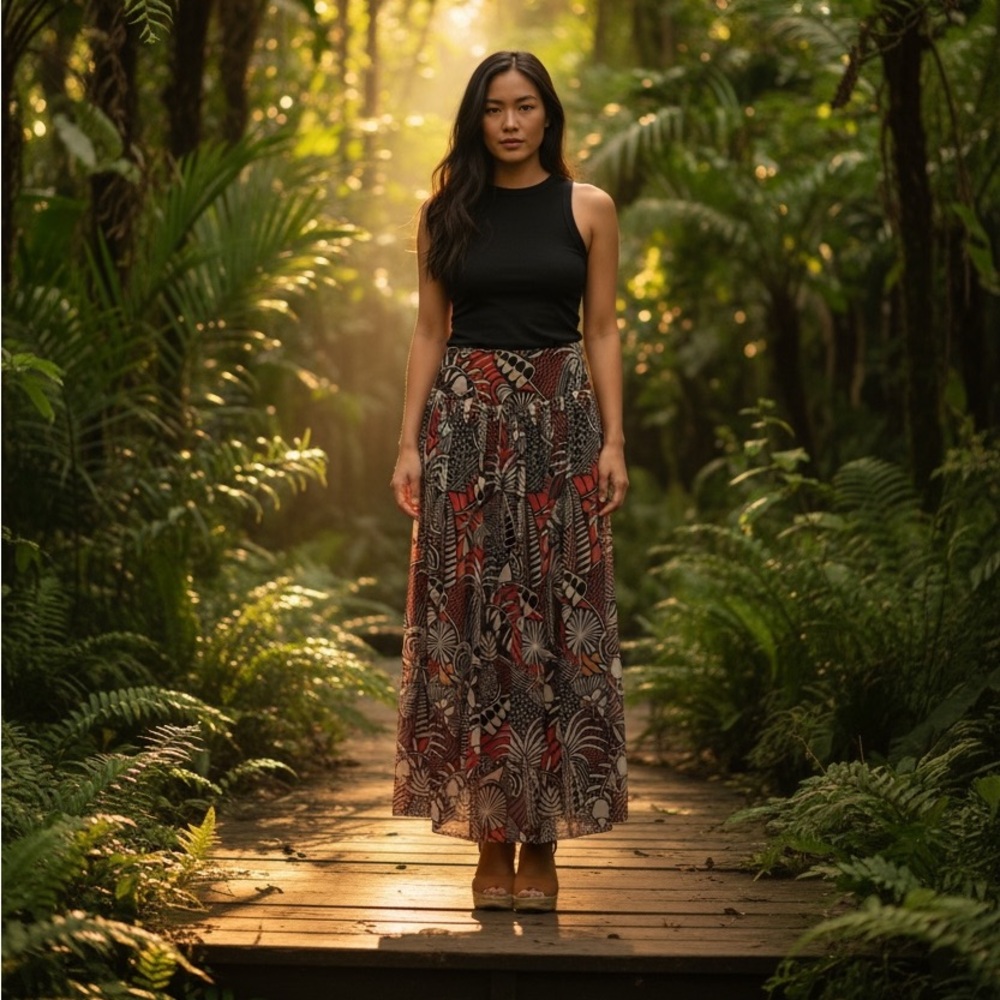 🖤 Farm Rio for Anthropologie Printed Midi Skirt – NWT Size XS | Boho Luxe $170